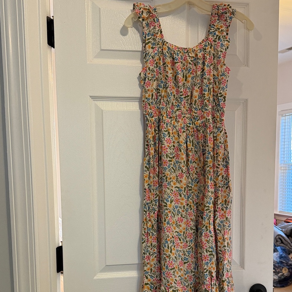 Girls Floral Sleeveless Smocked Waist Maxi Dress-Cream with Pink, Yellow & Green
